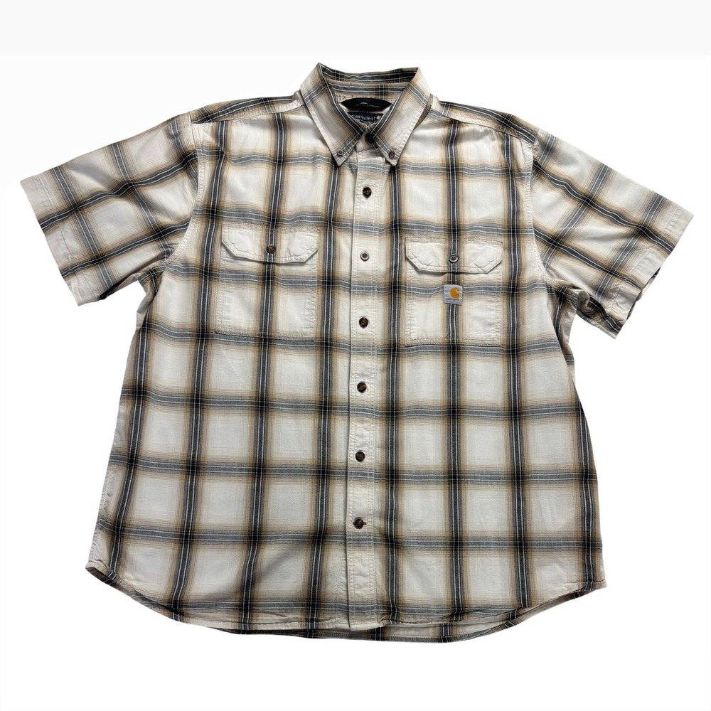 Carhartt Mens XL Loose Fit Plaid Short Sleeve Button Down Shirt Tan Black "Read"